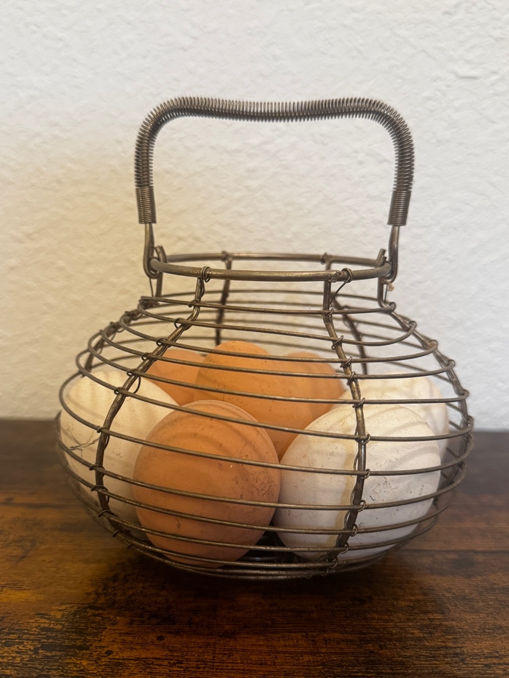 Vintage Wire Egg Basket with Faux Eggs Rustic Farmhouse Cottagecore Decor